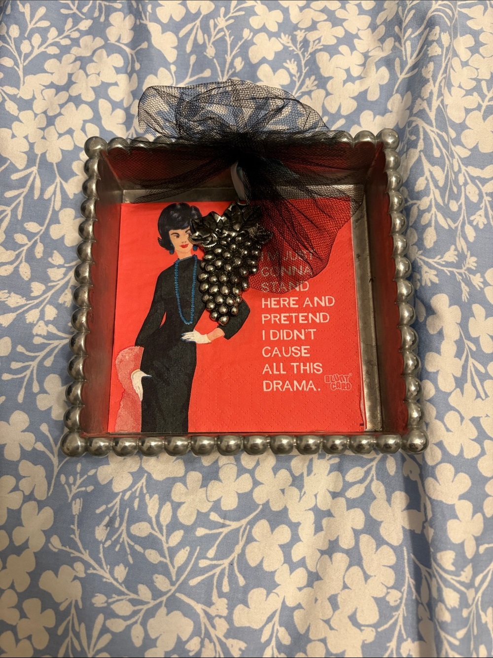 Red Retro Cocktail Napkin Tray with Black Bow Accent